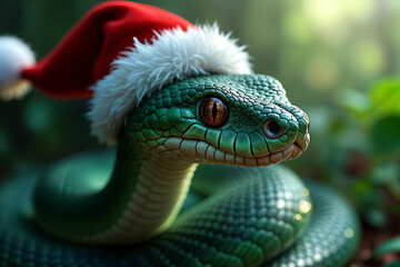 Green snake with a red Santa hat on its head, set against a blurred background of greenery.