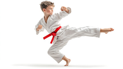 Karate boy in mid-air executing a powerful side kick with red belt