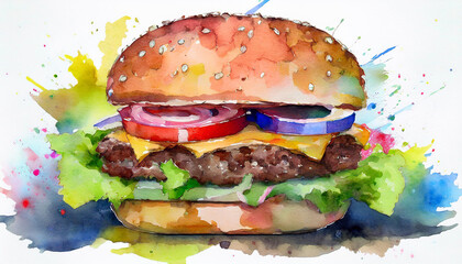 Watercolor illustration of hamburger
