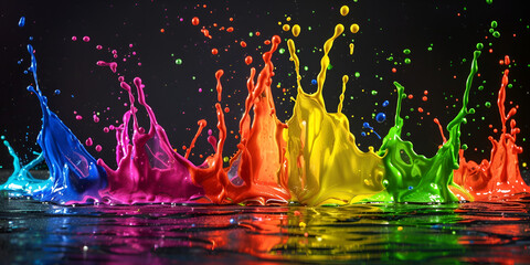 close-up of a colorful liquid in motion, with splashes and droplets flying off the surface, creating a vibrant and dynamic scene.