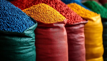 Vibrant sacks of colorful spices showcase a rich tapestry of flavors and textures, perfect for culinary or market themes.