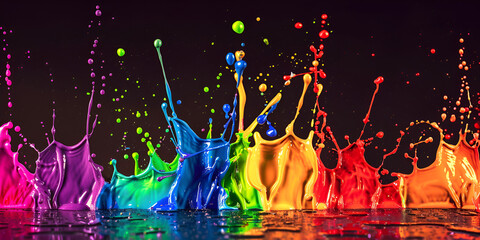 close-up of a colorful liquid in motion, with splashes and droplets flying off the surface, creating a vibrant and dynamic scene.