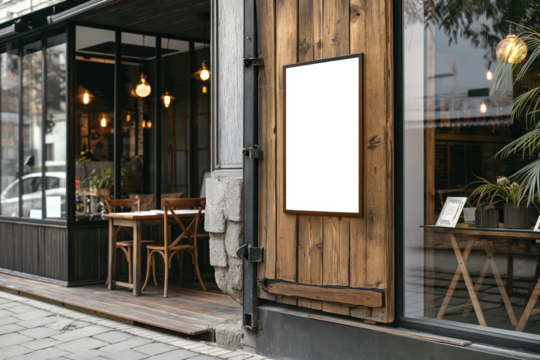 A restaurant with a white sign on the door, Mockups, Transparent PNG