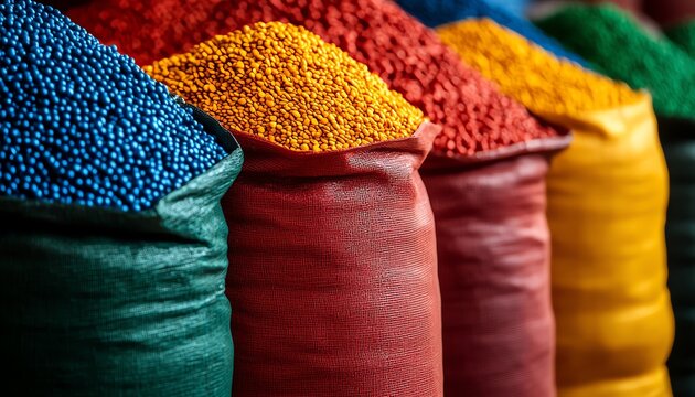 Vibrant sacks of colorful spices showcase a rich tapestry of flavors and textures, perfect for culinary or market themes.