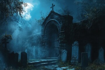 Eerie Graveyard with Stone Archway and Full Moon at Night.