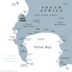 Cape Town, the legislative capital of South Africa, gray political map. With Cape Peninsula and Cape of Good Hope in the south, forming False Bay with beaches of Kalk Bay Riviera and Kalk Bay Reef.