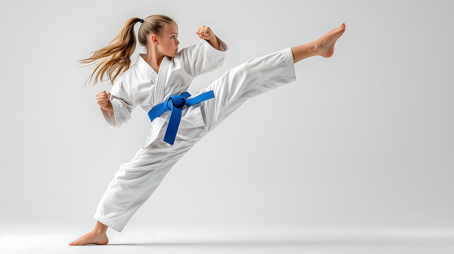Karate girl performing a high kick in studio with blue belt