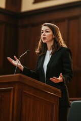 A female lawyer arguing in court. She’s standing at the podium with confidence, presenting evidence and making her case