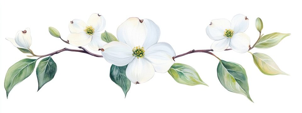 White dogwood flower illustration in watercolor with green leaves isolated on a white background