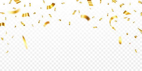 Gold confetti celebration party background design, Falling shiny golden confetti isolated on transparent background. Christmas, New Year, Carnival festivity, Valentine’s Day, Holiday, National Holiday