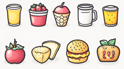 Set of watercolor various kinds of fast food illustration set on white background. Sandwiches, hamburgers, coffee, fruit, apples style doodle.