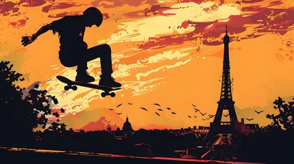 Skateboarding in Paris at Sunset