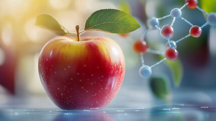 Image of a red apple next to a molecular model is ideal for discussing genetically modified food and bioengineering