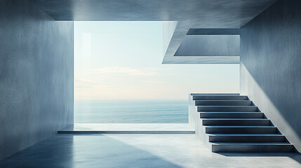 Obraz premium A minimalist and modern interior with an open door leading to the ocean, featuring clean lines and geometric shapes in concrete walls