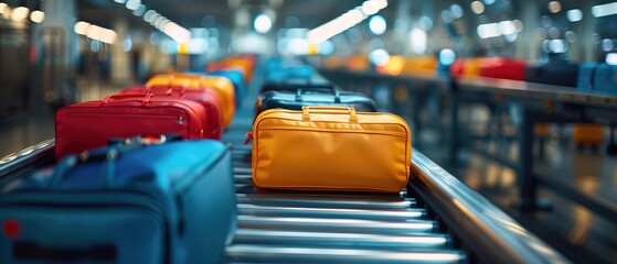 Fototapeta premium Airport conveyor belt with luggage bags 