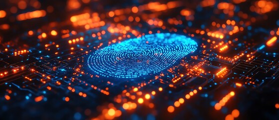 Closeup of a glowing blue digital fingerprint on a circuit board background
