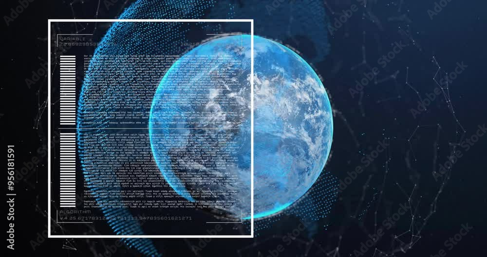 Poster digital data and algorithm animation over rotating earth in space