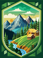 Mountain Cabin with Stream and Forest Scene