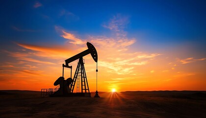 Naklejka premium A stunning silhouette of an oil pumpjack against a vibrant sunset, illustrating energy extraction and natural beauty.