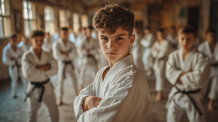 Serious boy in karate uniform leading martial arts class in dojo