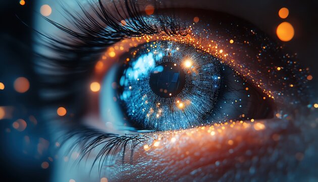 Digital eye made of light, wireframe design, deep blue tones, futuristic AI vision