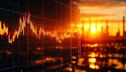 A stunning sunset over an industrial skyline, highlighting vibrant colors with a dynamic financial graph in the foreground.