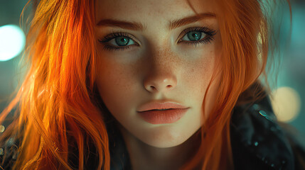 Obraz premium Edgy woman with vibrant red hair in a modern cityscape