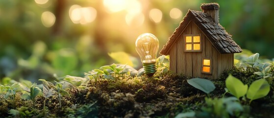Ecofriendly concept a small wooden house and green light bulb in a lush forest setting