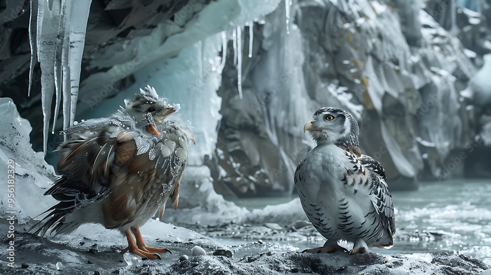 Poster On the glacier floor a feathered adorned duck and a crafted owl