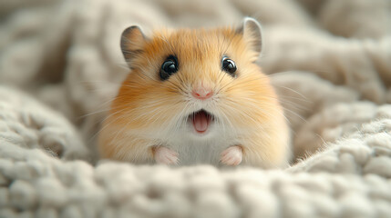 Hamster with a shocked expression, cozy indoor setting.