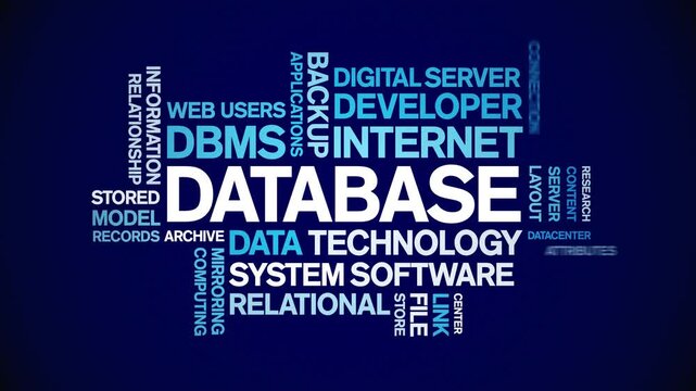 Database animated word cloud;text design animation tag kinetic typography seamless loop.
