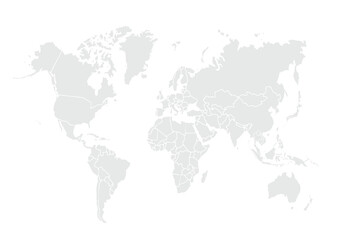 World map.United States, China, Russia, Germany, United Kingdom, Japan, France, India, Brazil, Canada, Italy. Grayscale,isolated on white background