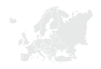 Obraz premium European political map for website layouts,background,education, precise,customizable,Travel worldwide,map silhouette backdrop,earth geography, political,reports.Grayscale,isolated on white background