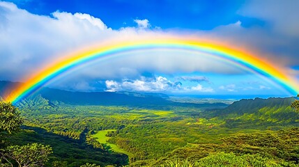 Obraz premium A rainbow in the sky over a lush green valley