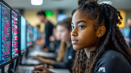 A group of high school students in a computer lab, focused on coding projects