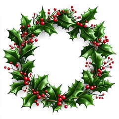 Naklejka premium Holly wreath with red berries illustration, Beautiful illustration of a festive holly wreath adorned with vibrant red berries, perfect for Christmas and holiday decoration themes. 