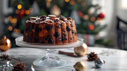On the marble table blue fruitcake and traditional christmas dessert