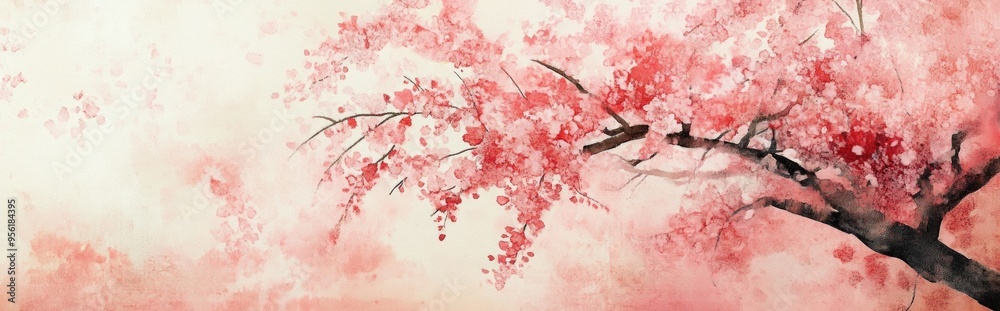 Poster Watercolor rendition mimicking ink illustration featuring cherry blossoms