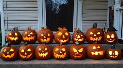 Obraz premium A Halloween pumpkin display, featuring a variety of carved designs, on a porch.
