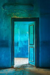 A blue door in an empty room with a tiled floor