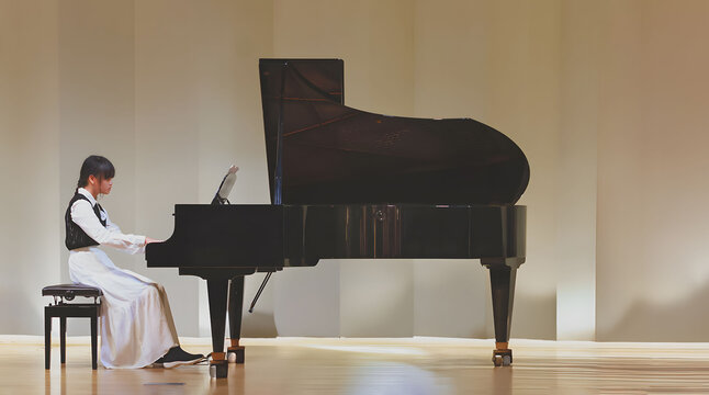 A woman is playing the grand piano in a concert hall. . The woman is wearing a white dress. isolated plain background. isolated plain background.