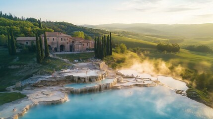 Stunning turquoise waters and steam rise as sunbathers relax at Saturnia Spa in Manciano, Italy.