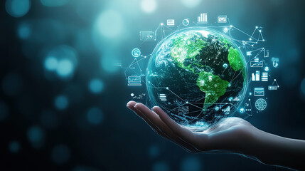 Hand holding the Earth with digital business icons on a blue background,