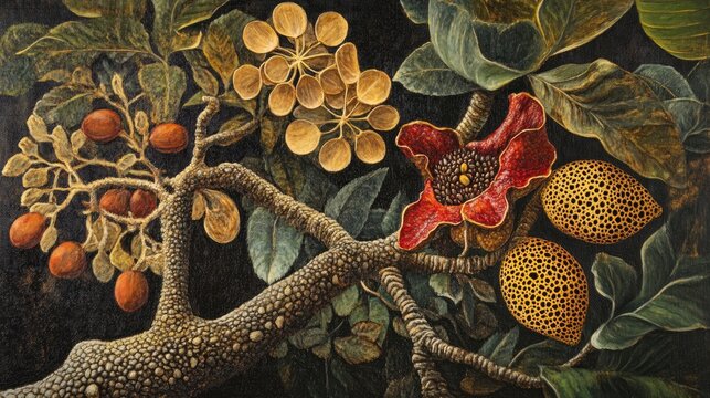 Oil painting depicting Melinjo skin an annual dioecious plant featuring open seeds and a tree like structure with male and female variants