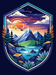 Sunset Over Mountains and Lake with Birds Flying
