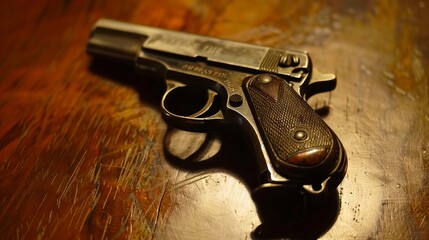 Obraz premium A handgun sitting on top of a wooden table