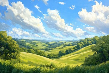 Fototapeta premium Oil painting depicting a serene landscape featuring rolling green hills lush trees and a vibrant blue sky showcasing the beauty of nature