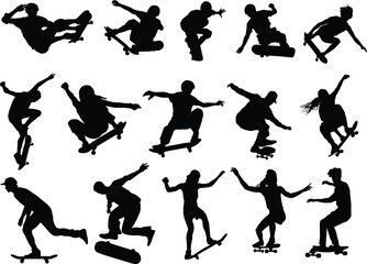 Set of skateboard player silhouette illustration. People posing while skateboarding. © Budypiasa