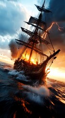 Burning ship battling rough seas during violent storm with lightning striking nearby. Dramatic chaos and survival at sea concept