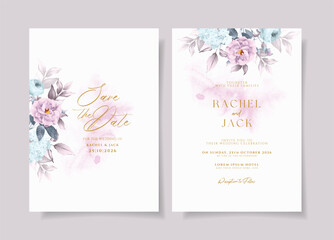 Watercolor wedding invitation template set with beautiful purple floral and leaves decoration